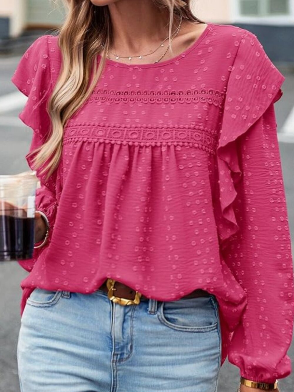 Women's Spring Ruffle Swiss Dot Blouse, Bright Rose Pink XL